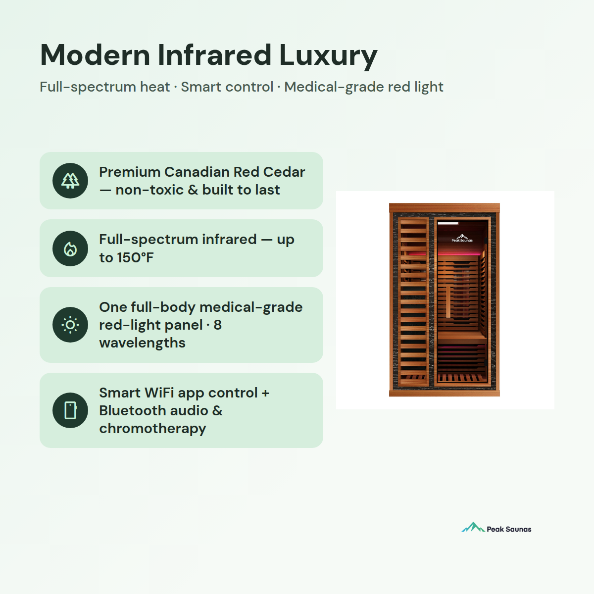 Rainier 1-Person Full Spectrum Infrared Sauna with Full-Body Medical-Grade Red Light Therapy & Smart WiFi App Control