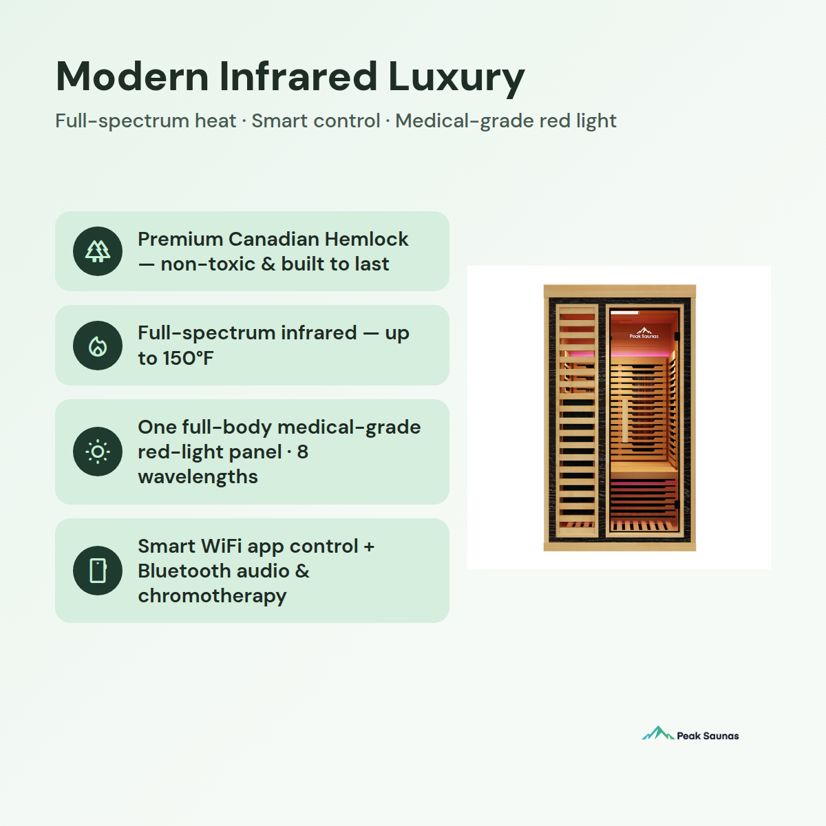 Shasta 1-Person Full Spectrum Infrared Sauna with Full-Body Medical-Grade Red Light Therapy & Smart WiFi App Control